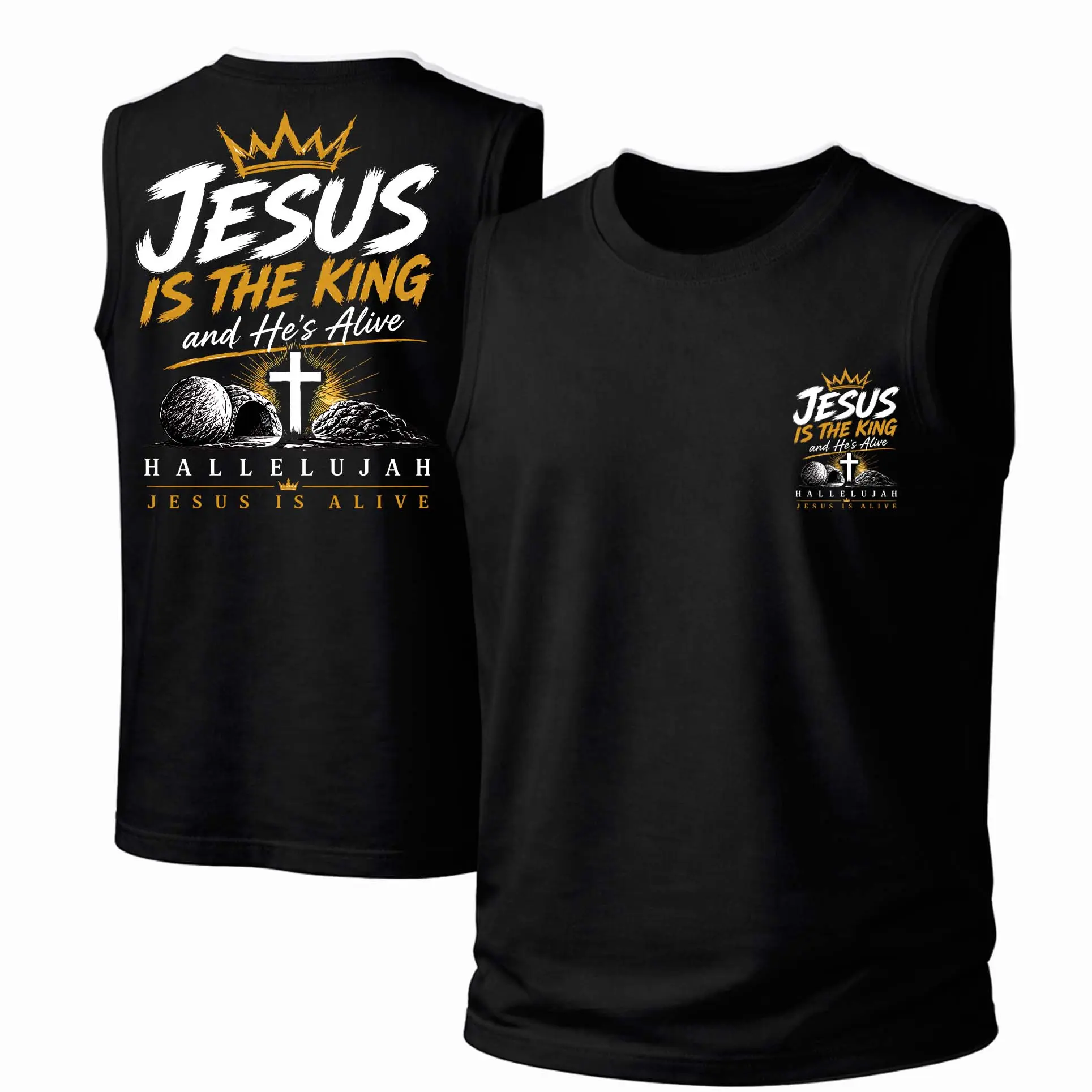 Men's Cotton Sleeveless Crew Neck Tank Top - Unisex Menswear Streetwear Garment, "Jesus is The King and He's Alive" Printed Fabric, Casual Spring & Summer Undershirt, Soft, Loose, Round Neck, Casual Wear, Slogan Men's Tanks & Undershirts, Breathable, Outd