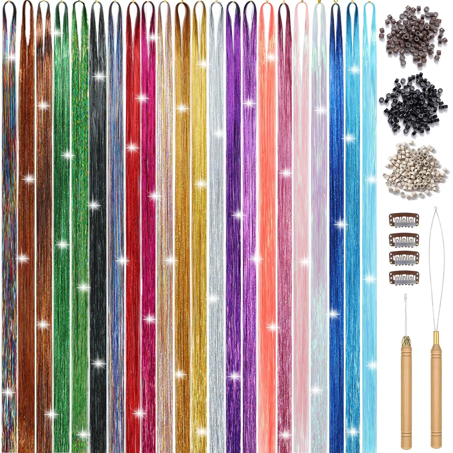 22 Colors Hair Tinsel Kit, 8800 Strands 48 Inch Glitter Tinsel Hair Extensions with Tools, Heat Resistant Sparkling Fairy Hair Accessories for July Fourth  Party Festival (22 Colors)