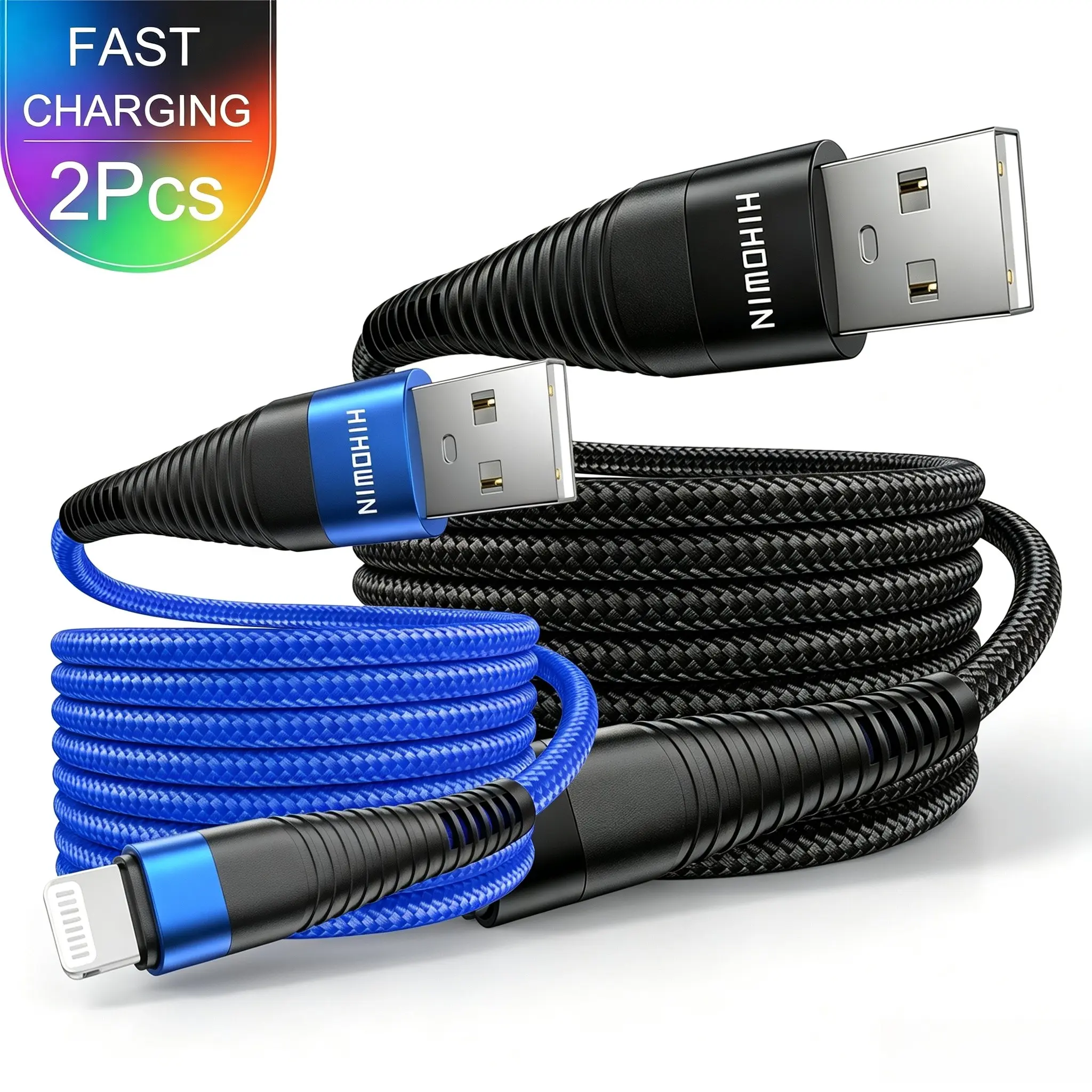 2Pcs USB to Lightning Data Cable, Fast Charging, Nylon Braided, Durable, Anti-Tangle, Compatible with iPhone 14/13/12/11 Pro Max Plus/8/7/6, iPad