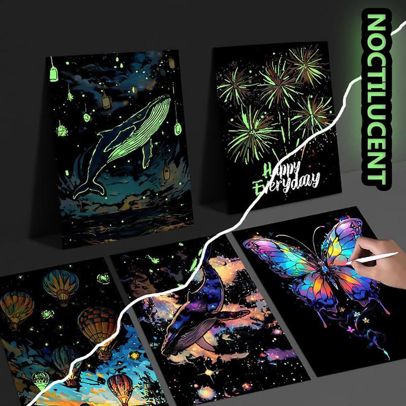 Glow in The Dark Scratch Art Painting Paper, 1 Set Scratch Art Paper with Pen & Cleaning Brush, Creative Craft Tools Set, Fun Magic Diy Sketch Card