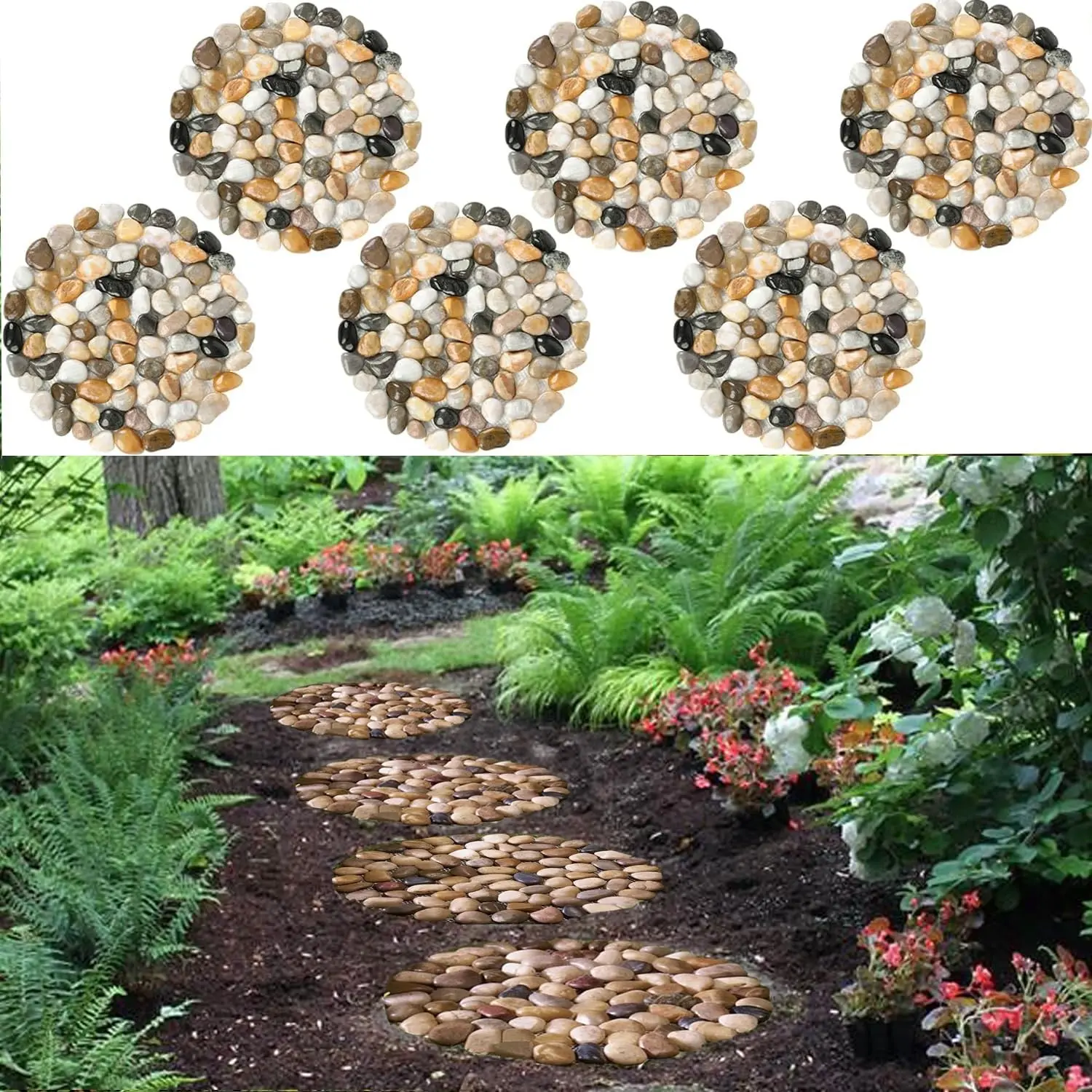 Garden Stepping Stones Outdoor Round River Stone Decorative Nature River Rocks for Landscaping Outside Walkway Patio Yard Garden Pathway(9in 6pc Pack)