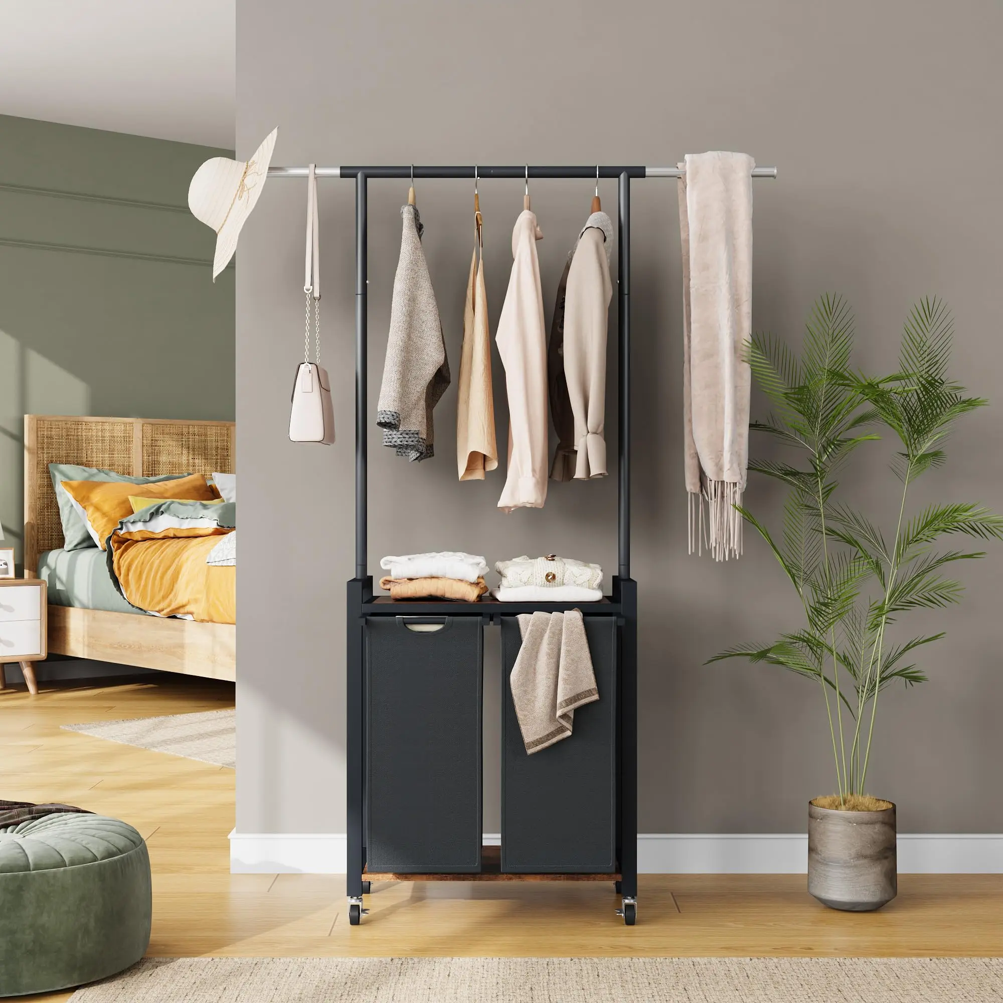 Laundry Sorter Hamper with Hanging Rack & Storage Shelf, Modern Rolling Clothes Organizer with Removable Bags & Lockable Wheels for Laundry Room, Bedroom & Bathroom