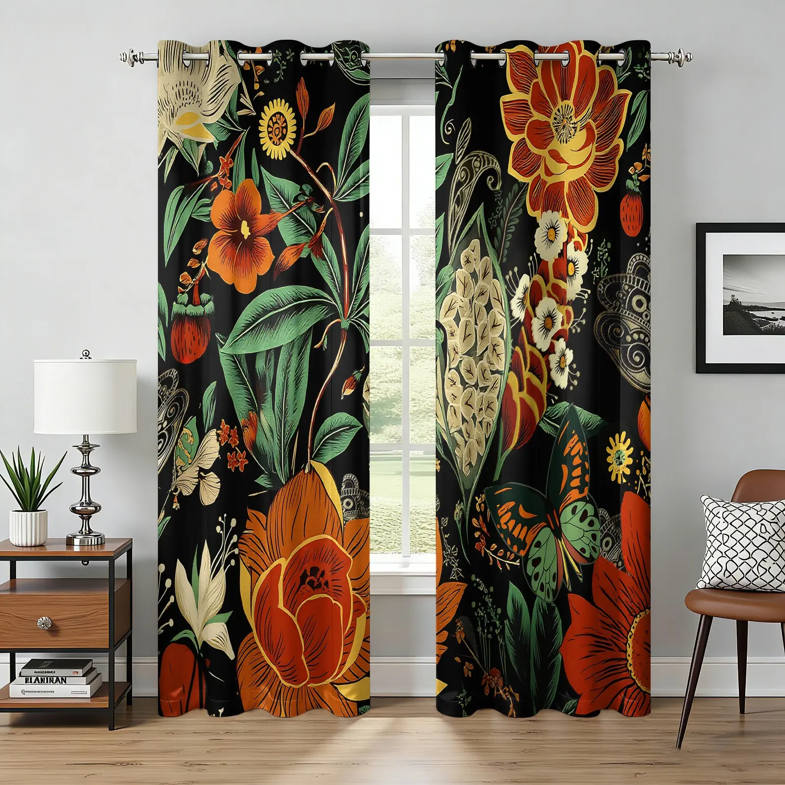 2 Panels Black Background Tropical Floral Butterfly Blackout Curtains, Retro Red Orange Flower Fruit Print Grommet Window Drapes, Machine Washable Light Blocking Curtains for Immersive Sleep, Dark Boho Bedroom Decor