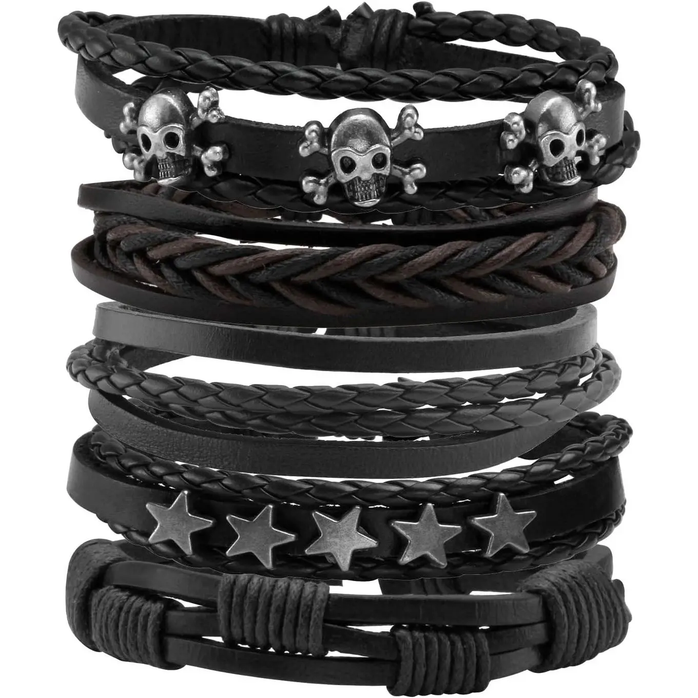 Leather PU Braided Bracelets for Men Women Skull Black Wristband Halloween Punk Enthusiasts