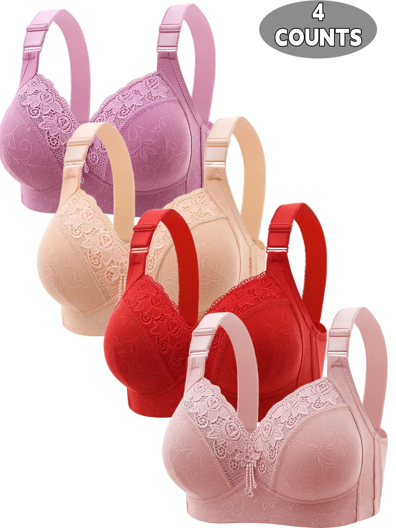 4-Pack Women's Lace Push-Up Bra, Elegant, Seamless Comfort Fit, Full Coverage, Breathable Soft Fabric, All-Season Lingerie, Perfect Daily Wear