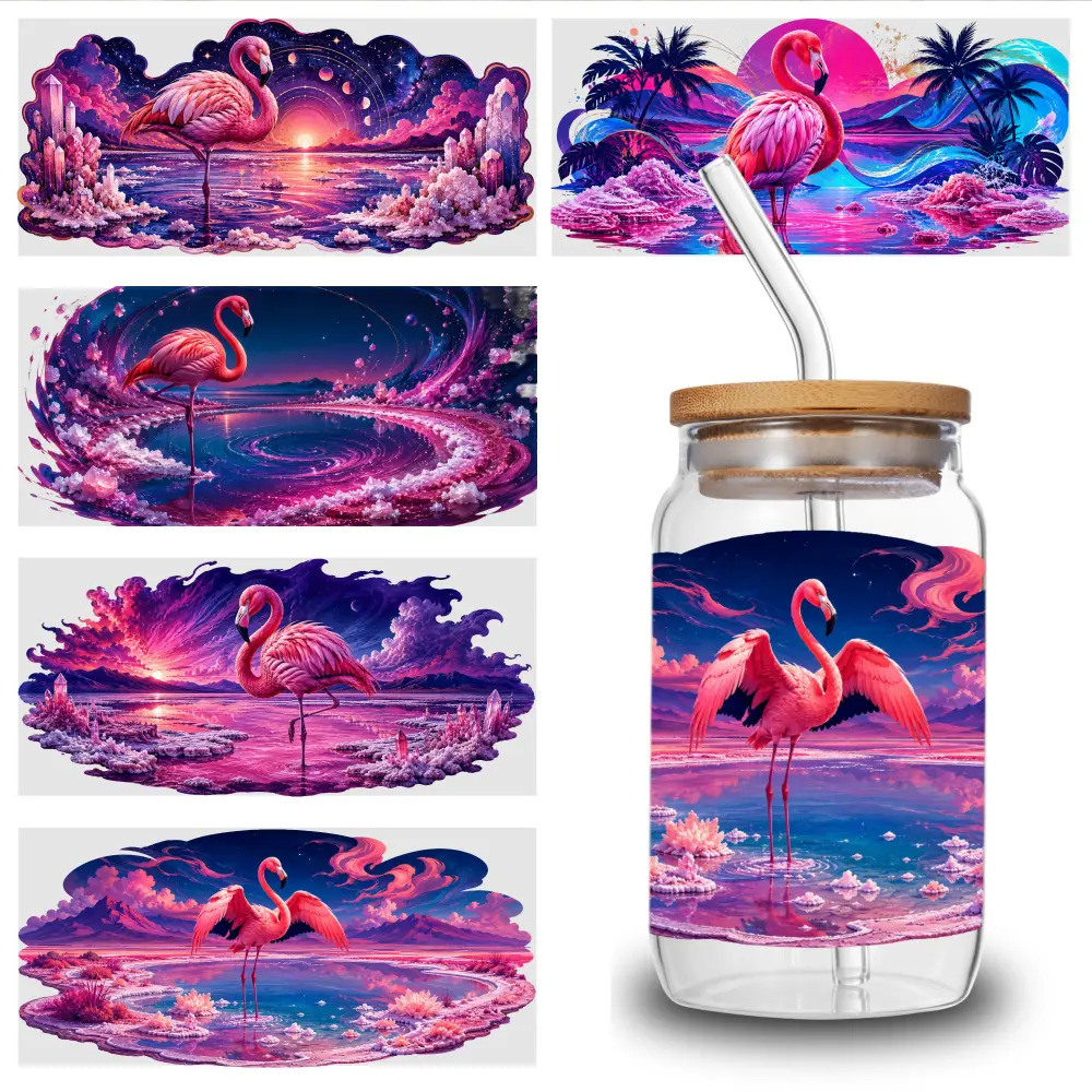 5 Sheets Flamingo Sunset UV DTF Stickers Cartoon UV DTF Transfer Sticker for Water Cup Glass Bottle Glass Jar, Cup Wrap Sticker, Cartoon Decal, Waterproof Decorative
