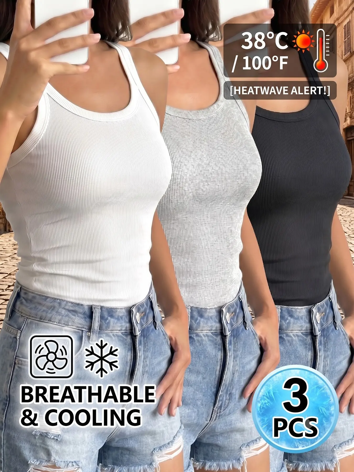 3-Pack Women's Ribbed Tank Tops Slim Fit Summer Camisole Breathable Basic Undershirts