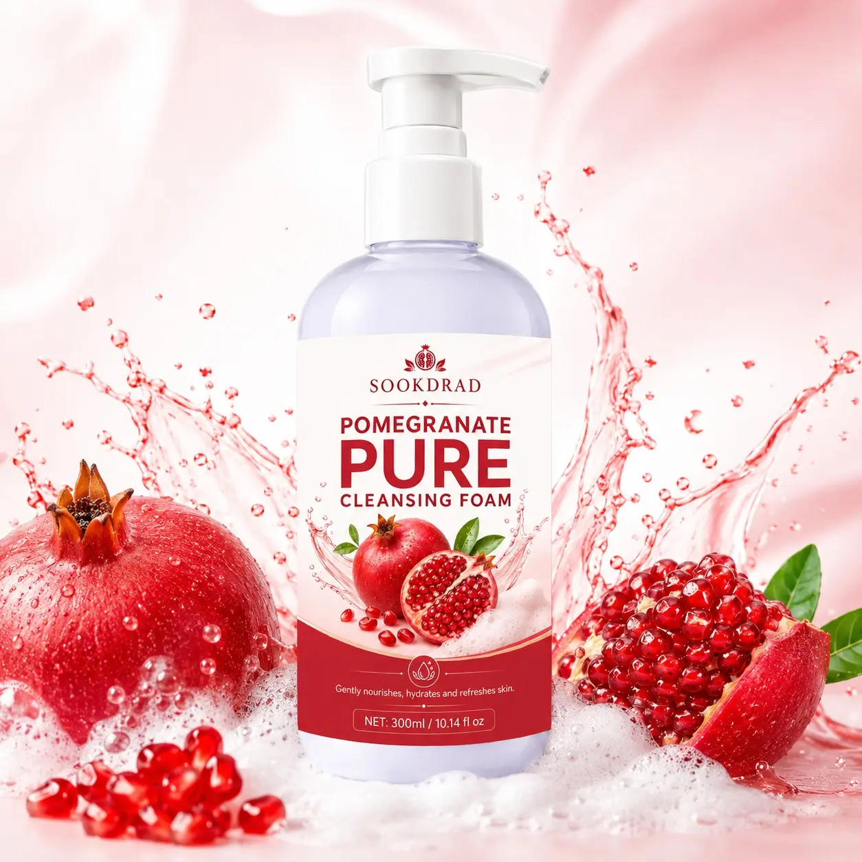 Pomegranate pure cleansing foam, pomegranate extract, gently nourishes, hydrates, refreshes, facial cleansing, all skin types, 10.14 fl oz, daily skincare, 300ml