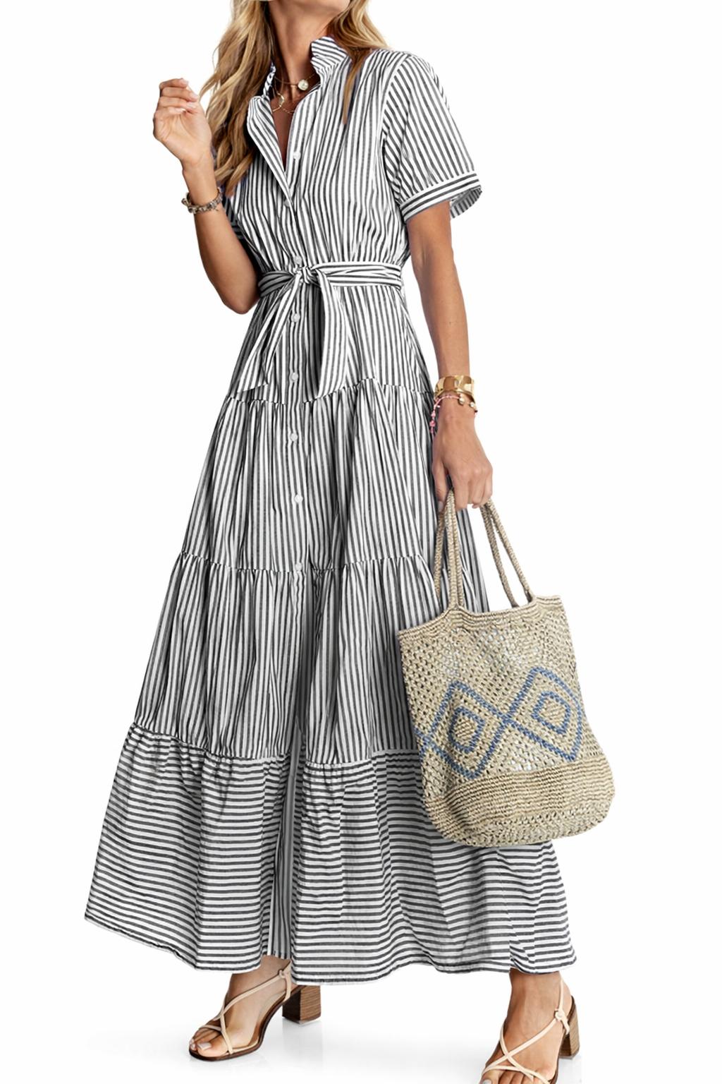 2026 Summer New French-style Dress Collar Striped Color Block Waist Tie Short Sleeve Long Dress Business Casual