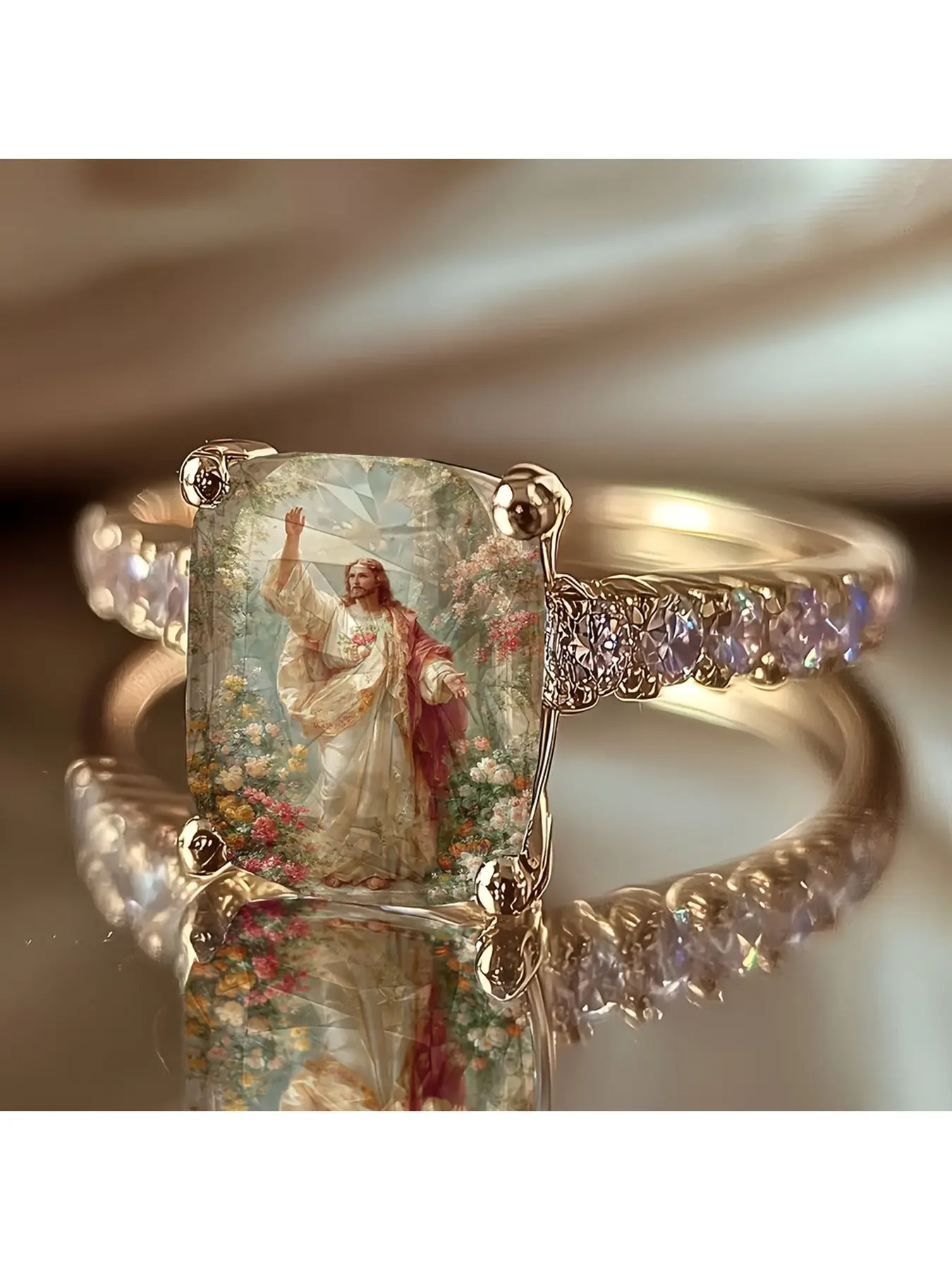 Vintage lady's garden Jesus figure square ring. Decorative jewelry with flowers surrounding the oil painting pattern of Jesus. A religious symbol for blessing and commemoration, suitable for daily gifts and decorative purposes.