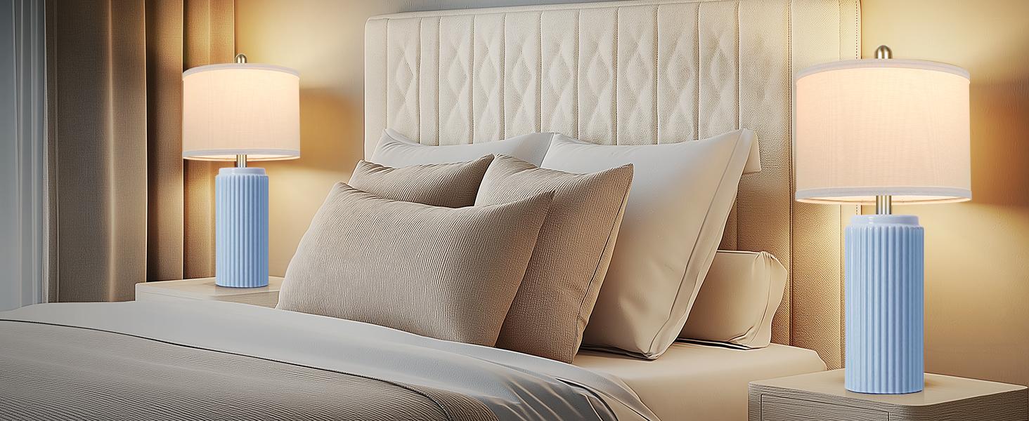 23.5’’ Farmhouse Table Lamps for Living Room Set of 2, Modern Elegant Ceramic Bedside Nightstand Lamps with White Linen Shade for Bedroom, Coastal Lamps Set for Study Home Office