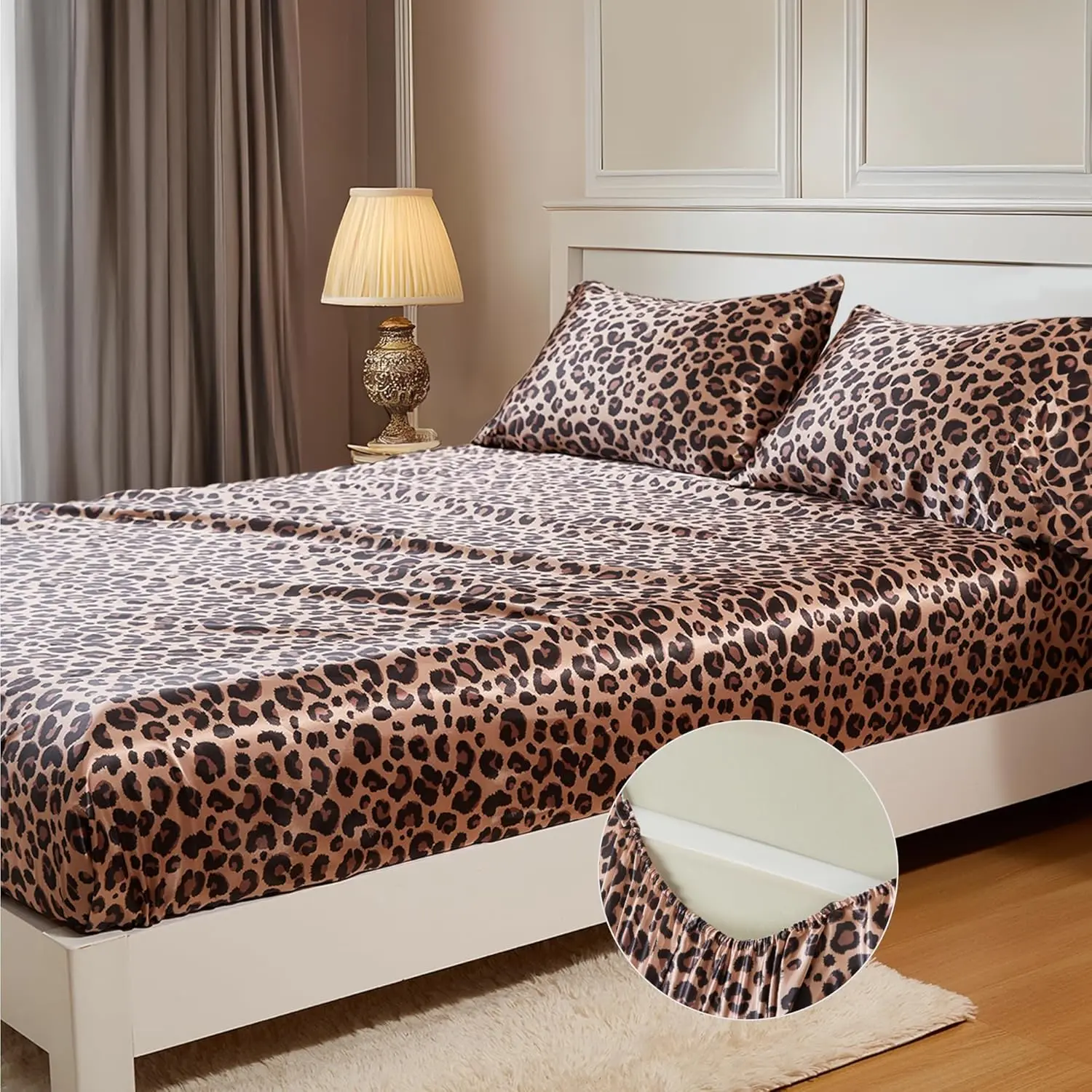 Fitted Sheet Full Size, Bottom Sheet with Elastic Corner Straps, Deep up to 15 Inch, No More Slipping Off for Mattress - 1 Fitted Sheet Only (Brown Leopard)
