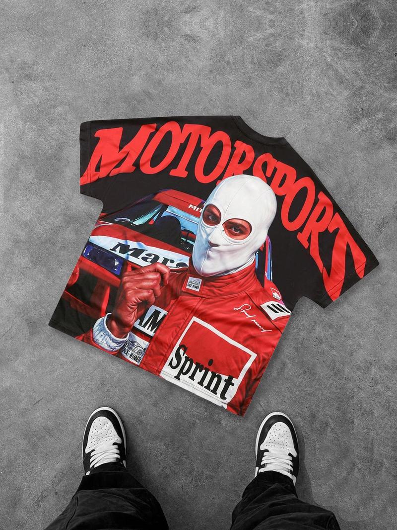 Men's Race Car & Letter Print Round Neck Crop Tee, Loose Casual Fashion Short Sleeve T-shirt for Daily Wear, Men's Top for All Seasons, Tropical