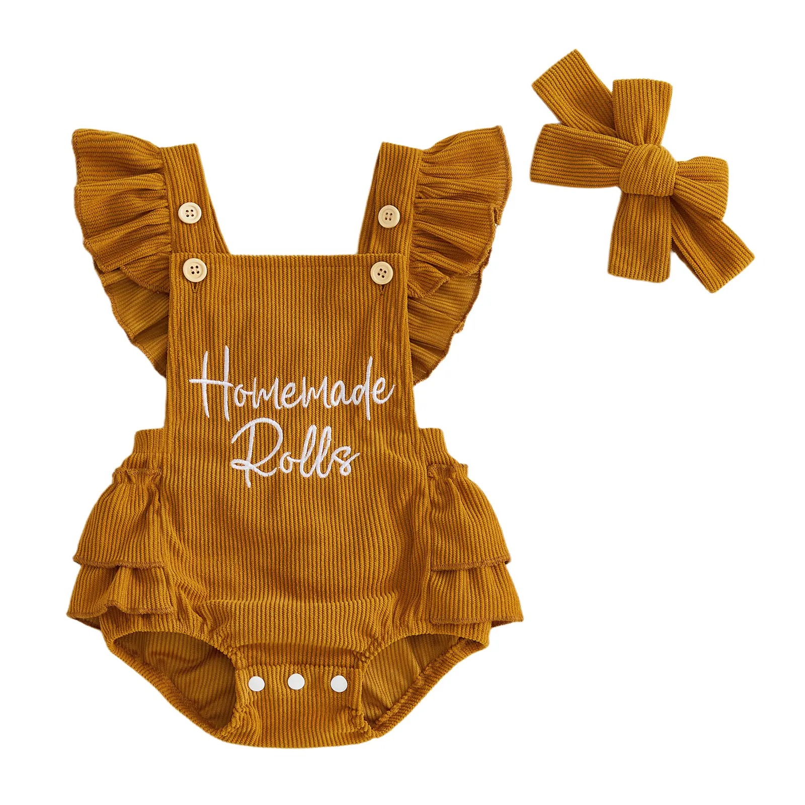 Babamoon Newborn Infant Baby Girl Thanksgiving Outfit Set - Embroidered Text Romper with Flying Sleeves, Homemade Rolls, Layered Look Ruffle Trim Onesie Bodysuit and Headband