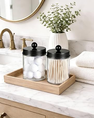 Apothecary Jars Bathroom Vanity Storage Organizer Set -Countertop Canister Plastic Acrylic Jar - Farmhouse Decor Qtip Holder for Cotton Swabs,Makeup Sponges,Flossers,Paper Clips -Black(2)