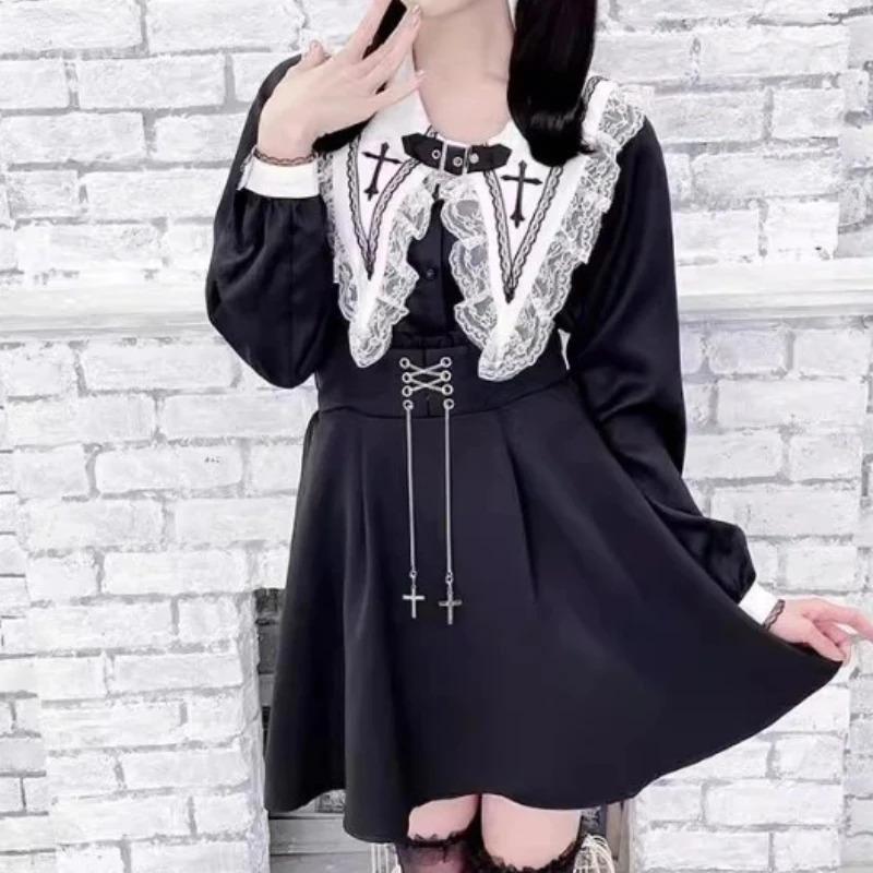 Japanese Gothic Lolita Loose Blouses Sweet Lace Ruffles Embroidery Sailor Collar Shirt Women Punk Style Y2k Long Sleeve Top 2026