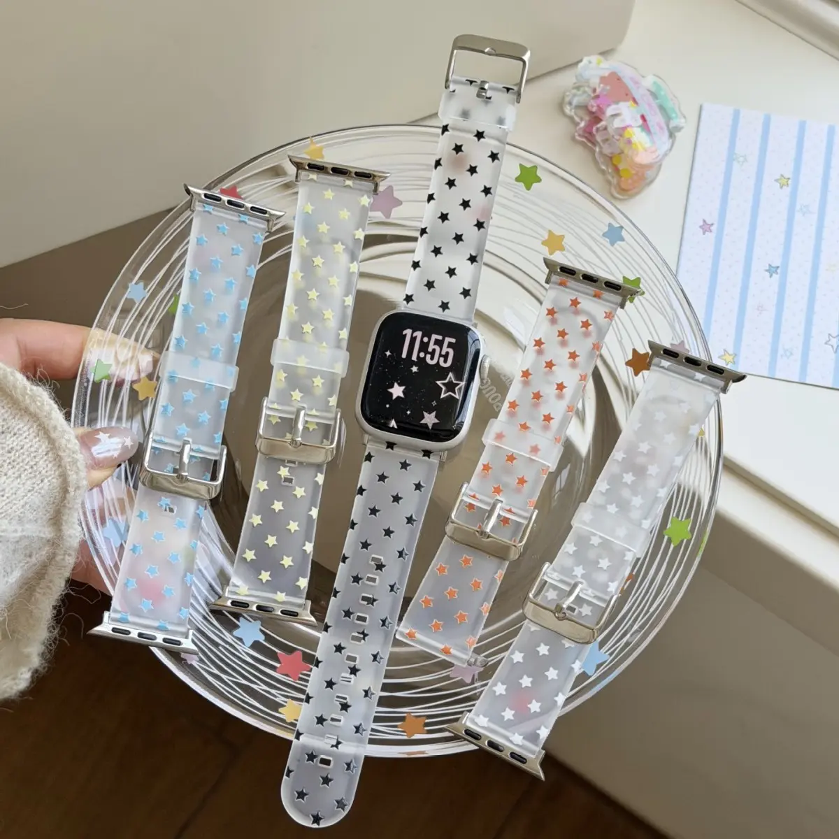Women's Transparent Frosted Star Print Silicone Wristband Strap - 6 Styles Pastel Color Mini Star Soft Sport Replacement Band with Metal Pin Buckle, iWatch-Compatible DIY Bag Accessory