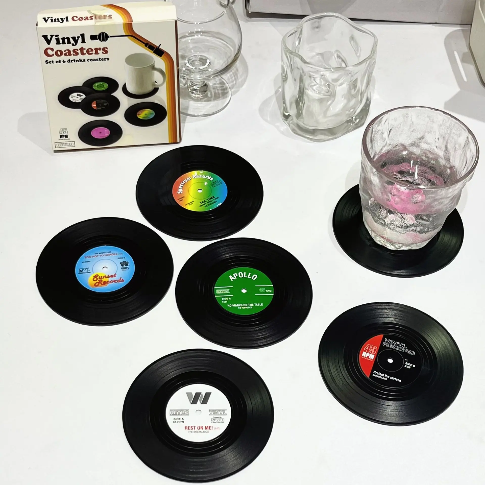 Retro Vinyl Record Coasters Set of 6, Vintage Music Themed Silicone Drink Coasters, Non-Slip Heat-Resistant Cup Mats, Music Lovers Gift