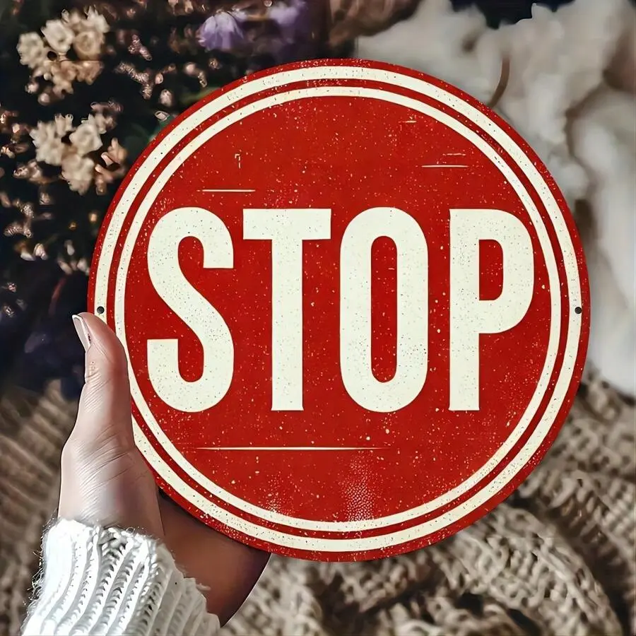 Vintage Round Metal "STOP" Sign Plate - 8/12 in Diameter, Random Pre-Drilled Hanging Holes, Single Industrial Minimalist Decorative Home Supplies, Indoor Wall Decor Gift for Bedroom