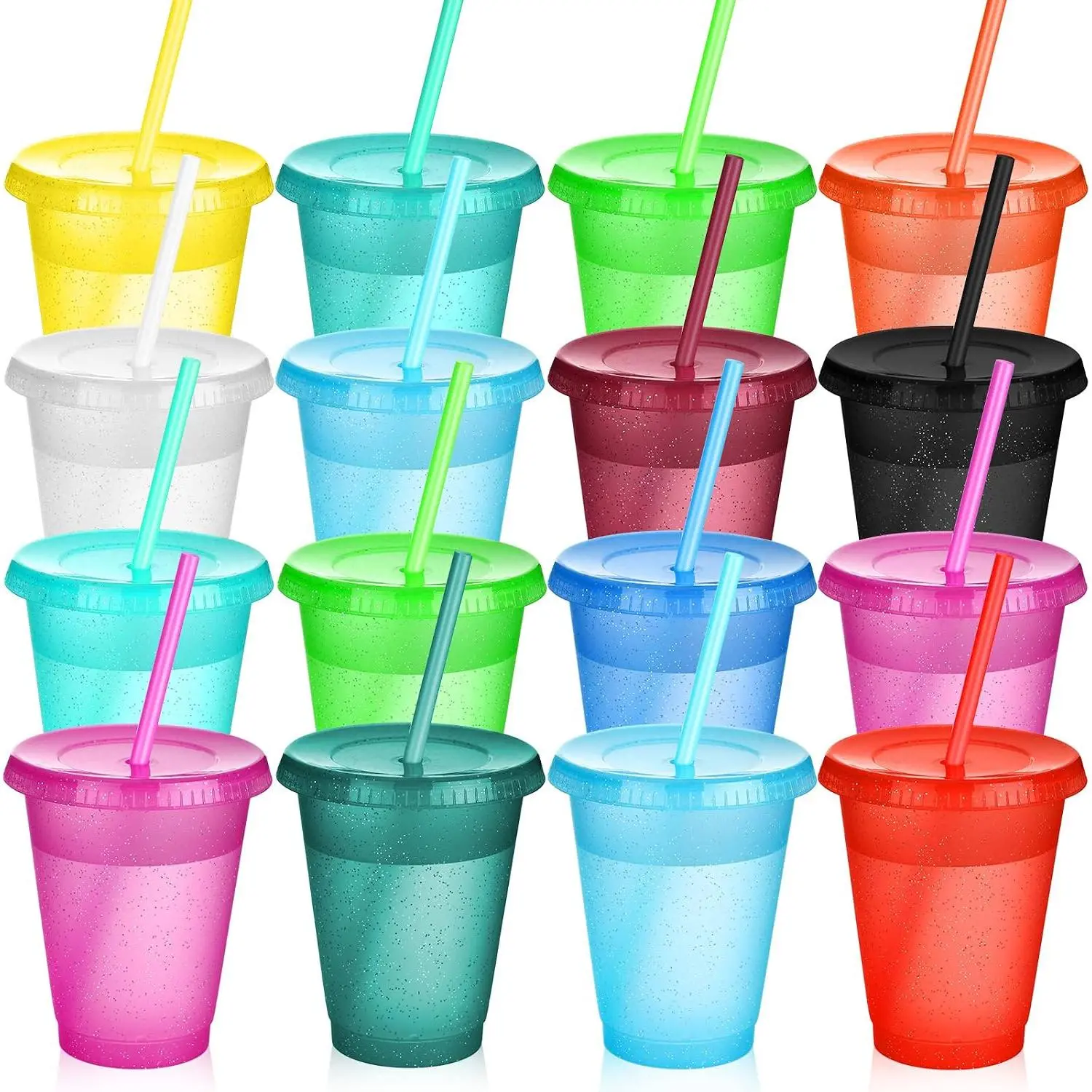15 Pack Cups with  and Straws  Tumbler with Straw  Water Bottle Iced Coffee Travel Mug Adults Plastic Cups for Parties 16 oz (Bright Colors)