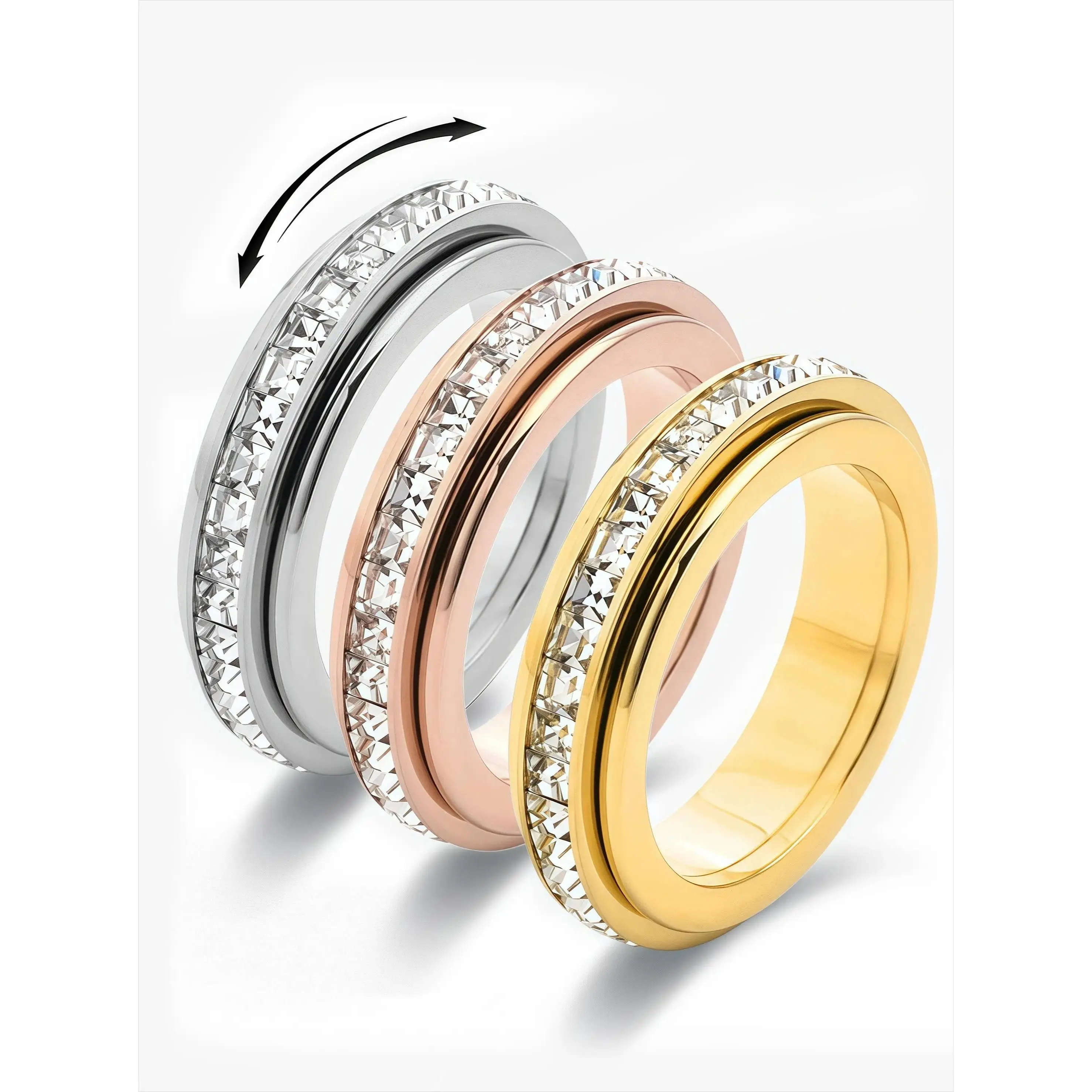 Women's 3-Pack Cubic Zirconia Spinner Anti Anxiety Rings Set - Fidget Stress Relief Sports Wristbands, Gift-Ready Costume Jewelry (Sizes 6-12), Anti Anxiety Ring, Spinner Fidget, 3‑Ring Set