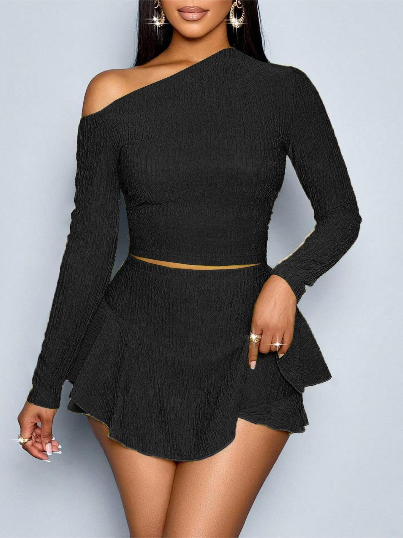 Elegant Women's Sexy Asymmetrical Long Sleeve Top & Skirt Set, Perfect for Parties, Clubs, Music Festivals, Spring Summer, Outfit