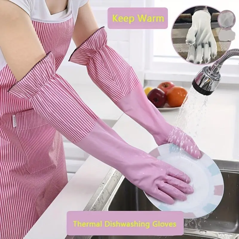 1 Pair, Winter Long Thermal Gloves, Plus Velvet Household Cleaning Gloves, Waterproof Kitchen Dishwashing Gloves, Non-Slip Housework Gloves, Durable Laundry Washing Gloves, Cleaning Supplies, Cleaning Tool, Back to School Supplies