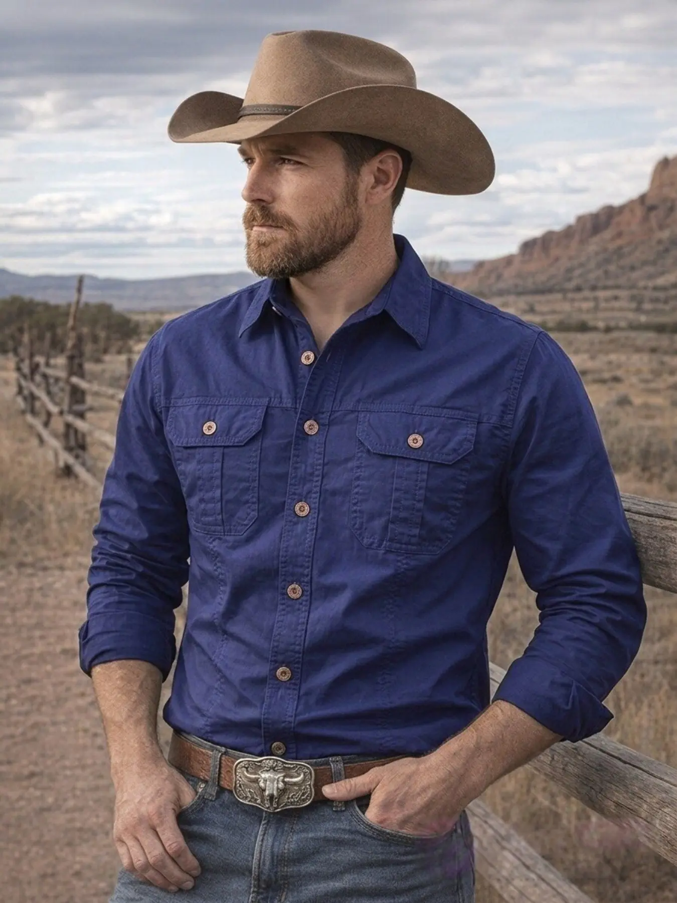 Men's Western-Style Long-Sleeve Collared Button-Up Shirt, Vintage Denim Work Shirt, Breathable with Chest Pocket, Casual Everyday Wear