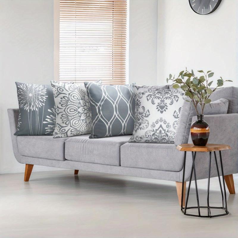 Modern Simple 8 Pack 2 Set Linen Throw Pillow Covers 18 X 18 Inch Geometric Print Gray White Line Pattern Square Cushions for Couch Patio Sofa Home Decor