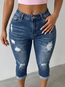 Women's Dark Wash High Waisted Capri Jeans, Multi Distressed Ripped Design, Stretch Slim Fit, Ideal for Daily Wear & Summer