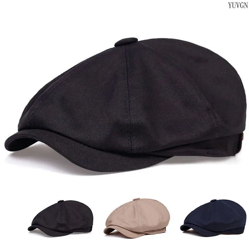 Men's Vintage 8-Panel Newsboy Cap - Solid Cotton Flat Male Cap with Adjustable Back Strap, Driving Hat for Outdoor Wear, Sports Accessory