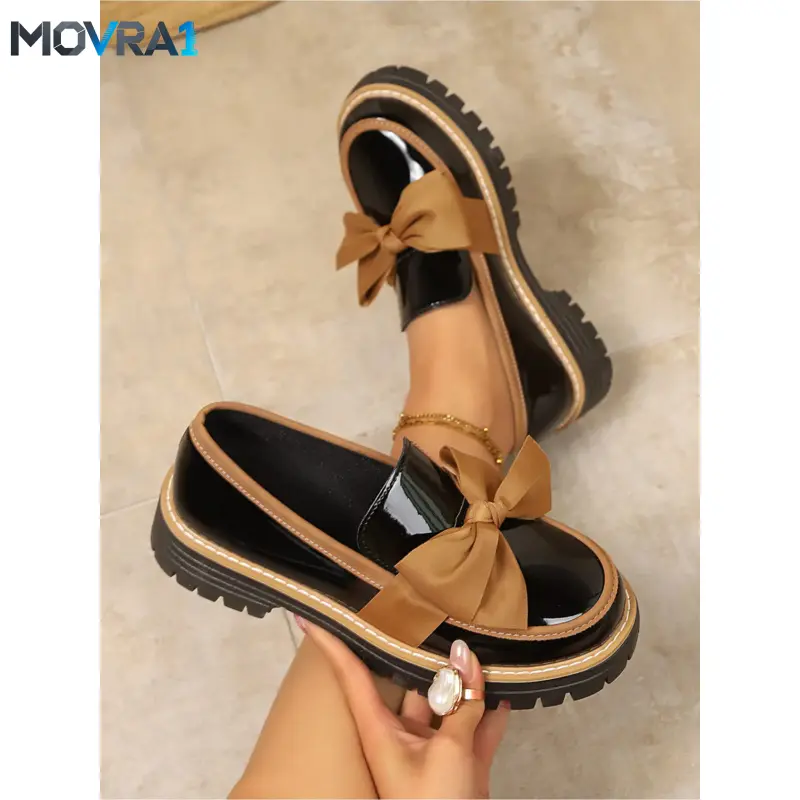MOVRA1 Women Big Bow Platform Loafers Glossy On Lug Sole Fashion Dress Shoes Comfort Height Increase Non Preppy Flat Shoes Daily Date Holiday Party Gathering Daily Wear Shoes