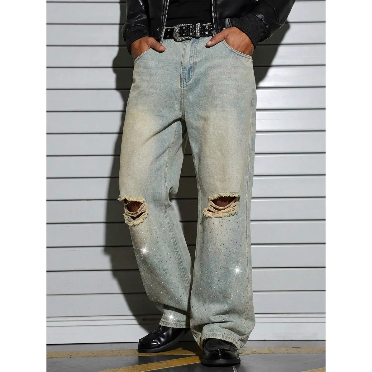 Destroyed Knee Hole Sparkle Wide Leg Jeans, Vintage Washed Rhinestone Embellished Baggy Denim Pants, Street Fashion Glitter Trousers, Stylish Denim for Night Outfits, Street Shots & Casual Gathering