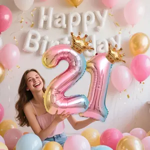 6pcs/set，81cm/32inch， Crown Gradient Rainbow Balloon Set, including Crown balloons with numbers 21, 22, 23, 24, 25, 26, 27, 28, and 29, suitable for background decoration such as birthdays, anniversaries, Valentine's Day, etc.