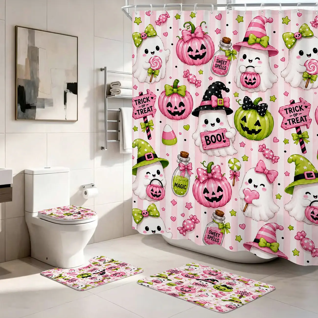 4 Piece Pink Halloween Ghost Shower Curtain Set with Bath Mat, Toilet Lid Cover, U-Shaped Rug and 12 Hooks, Cute Pumpkin Candy Witch Hat Bathroom Decor, 71 x 71 in