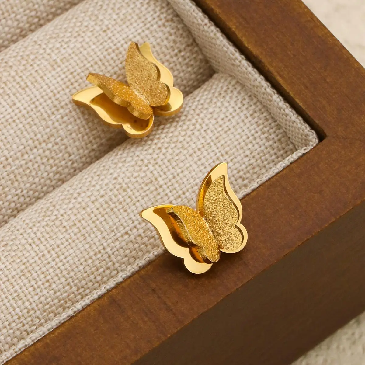 Golden Color 1Pair/2pcs Stainless Steel Frosted Butterfly Earring Jewelry Double-Layer Design Earings Jewelry for Women Men