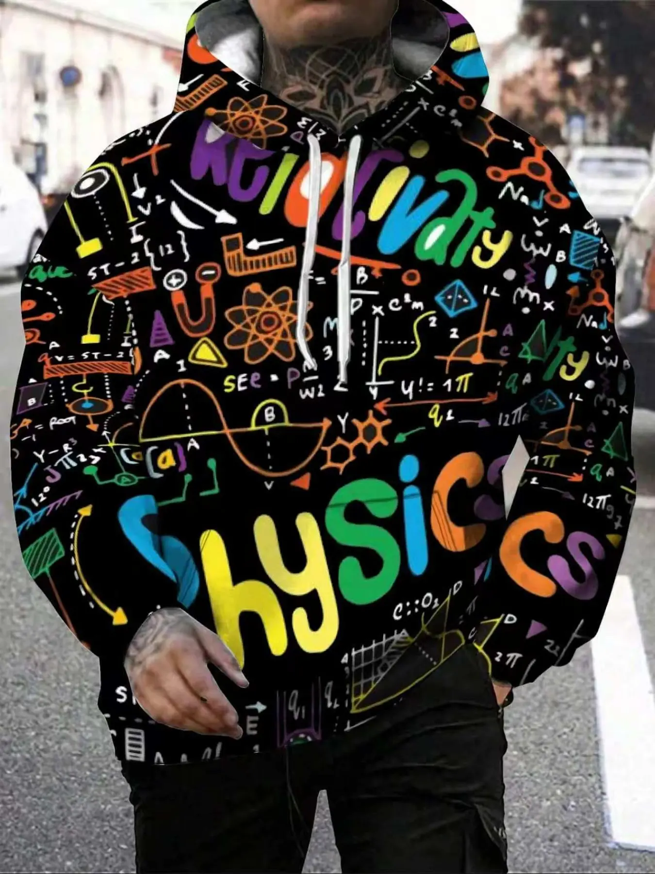 Physics Formula Graffiti 3D All over Print Hoodie, Blackboard Style Math Chemistry Atom Symbols, Unisex Long Sleeve Casual Sweatshirt