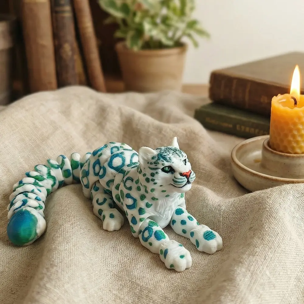 Unique 3D Printed Snow Leopard Statue, Artistic Flexible Leopard Decor, Luxury Desktop Shelf Ornament, Perfect Gift for Wildlife Enthusiasts