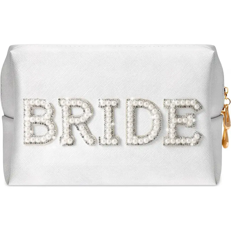 Bride Letter Makeup Bling Pearl Rhinestone Bride Letter Cosmetic Bag Waterproof PU Travel Toiletry Bag Portable Makeup Organizer Bag Bride to Be Gifts for Bachelorette Party Wedding
