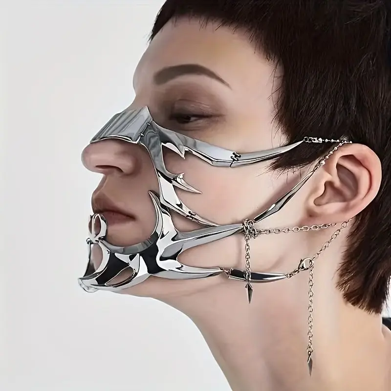 Cyberpunk Mechanical Fluid Futureist Metal Mask, Fashion Halloween Cosplay Half Face Costume, Unique Neutral Facial Jewelry