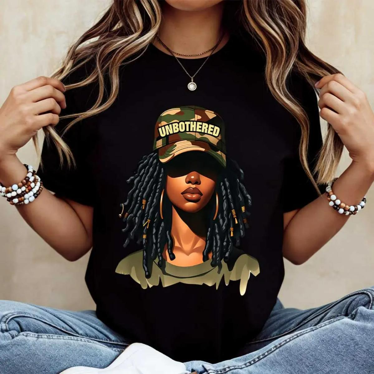 Crew Neck Cotton Polyester Graphic T-Shirt, Unbothered Girl With Dreads And Camo Hat Graphic Printed Tee, y2k Fashion Casual Streetwear Humor Shirt, Comfortable & Breathable Material, Everyday Outfit, Gifts, SuperYi
