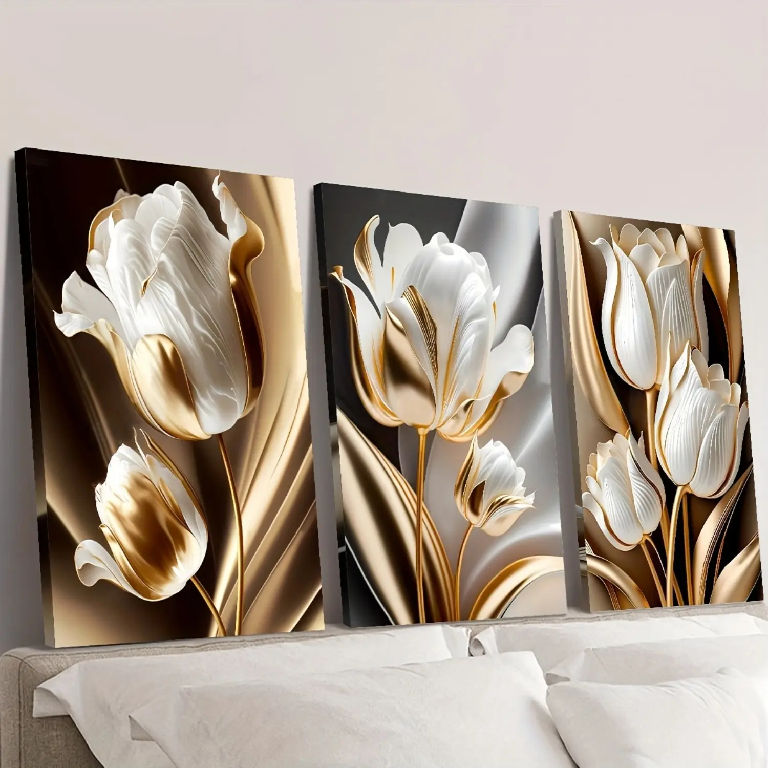 3-Piece Elegant Black and Gold White Flower Paintings - 2D Flat Surface, Luxurious Wooden Frame, Home Decor, Space Aesthetic Hanging, Room Accessories