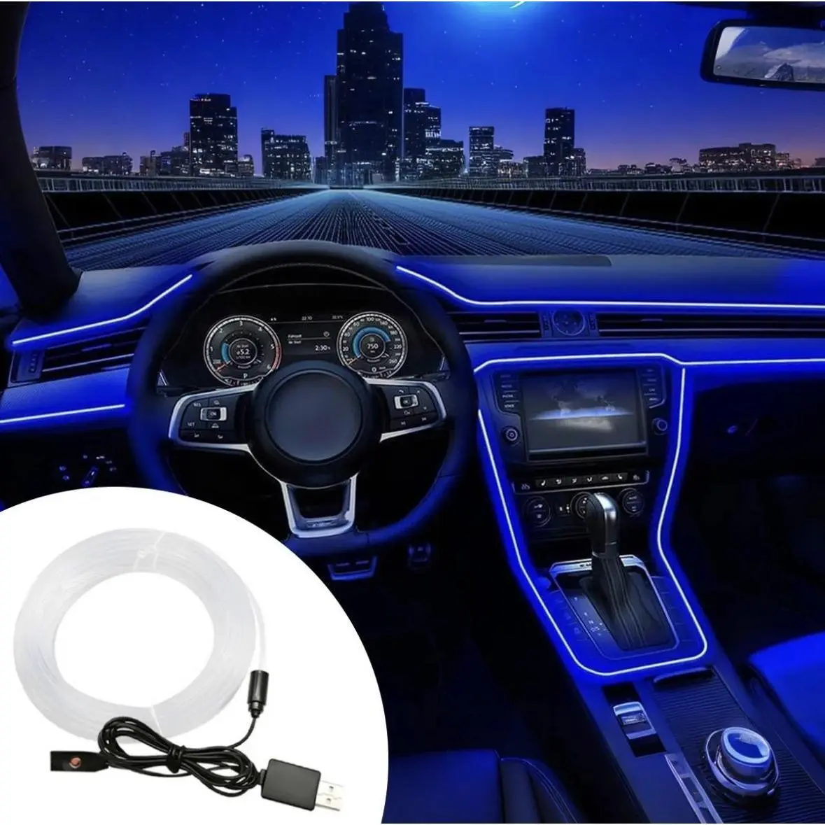 Car Interior LED Light Strip, Led Car Ambient Light, RGB USB Powered LED Light Kit, APP Control Fiber Optic Light with Music Sync Rhythm for Car Door, Console & Dashboard