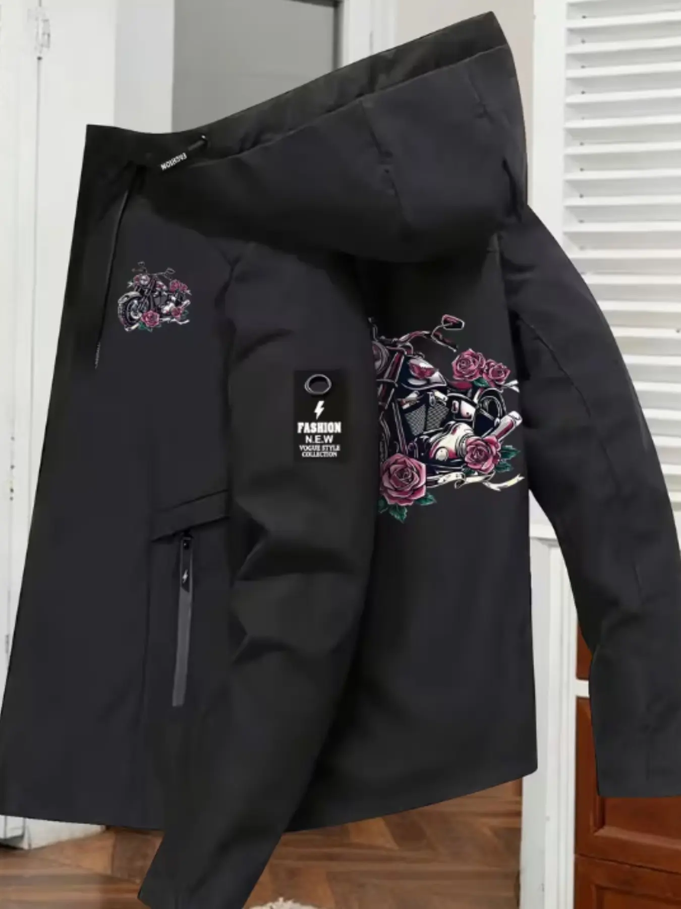Vintage Motorcycle and Rose Print Women's Hooded Jacket, Cool Street Style Casual Outerwear, Slim-Fitting Graphic Design