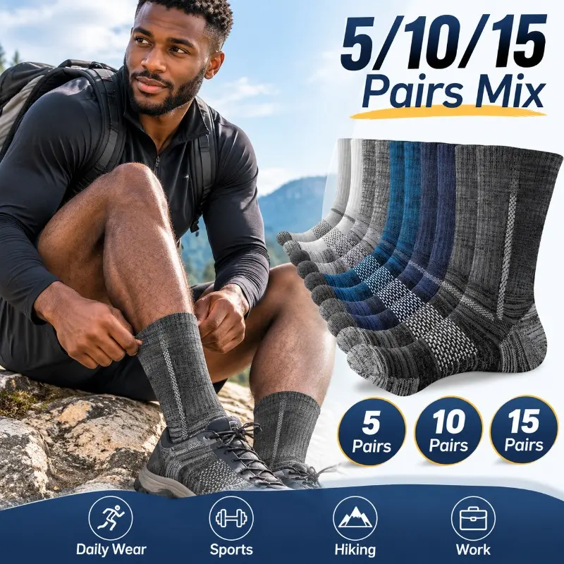 Men's Calf Height Nylon Blend Male Socks - 5/10/15 Pairs Mix Packs, Daily Wear, Hiking Sports & Work Use, Machine Washable Footwear