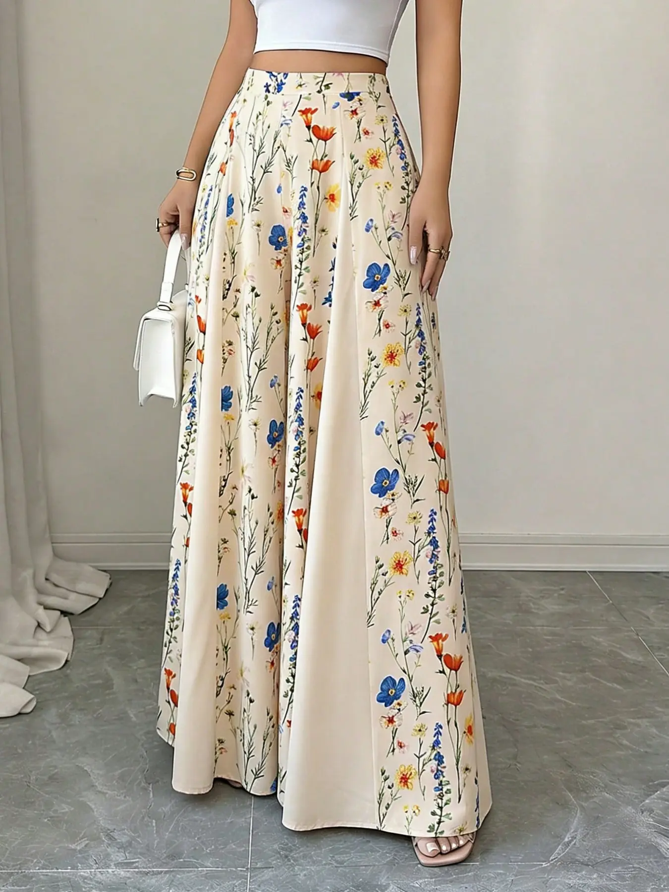 Elegant Bohemian Boho Floral Print Satin Wide Leg Baggy Loose Pants, High Waist Back Elastic Waist Palazzo Long Pants, Women's Chic Fashionable Comfortable Clothing Bottoms