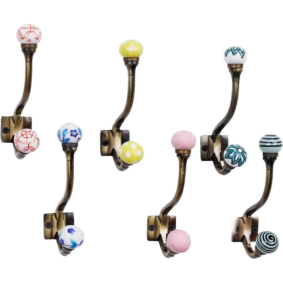6 Pack Decorative Heavy Duty Coat Hooks Wall Mount - Ceramic Multicolor Double Coat Hooks for Clothes, Hats, Towels, Backpack, Purse, Mudroom, Entryway, Bathroom - 44 LB