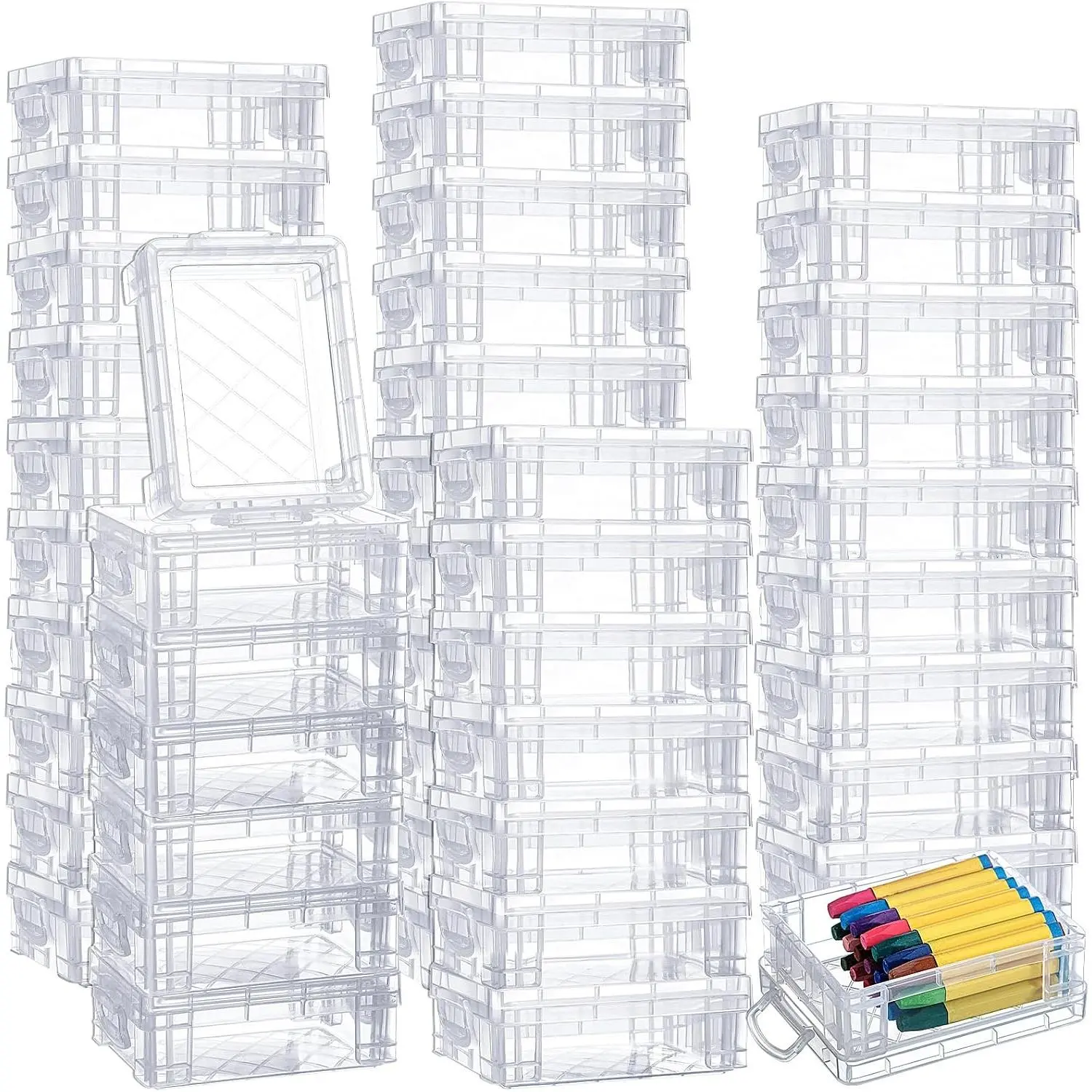 45 count Plastic Crayon Box with Lid Clear Crayon Organizer Stackable Storage Containers Bulk Pastel Holder Case for Office School Classroom Supplies Pen Pencil Art Crafts