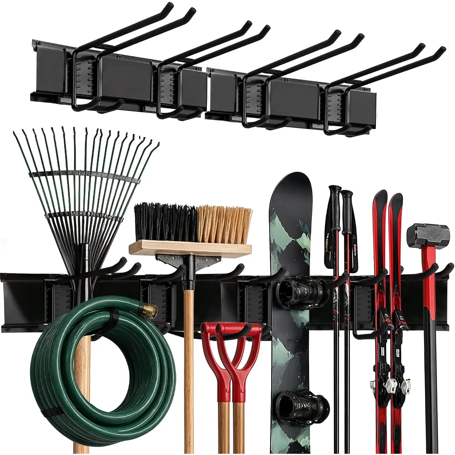 Garage Wall Organizer, Shovel Holder Wall Mount, 32" Double Hooks | 200 lbs, adjustable double-layer tool hangers for garage wall, holds ladders, shovels, rakes, hoses & power tools