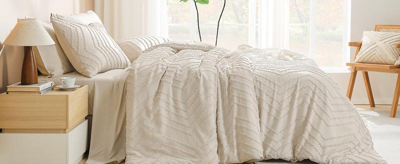 California King Comforter with Beige - 7 a Bag Cal King Cream Boho Tufted Complete Beddding Sets with Comforter,, Pillowcases  Shams